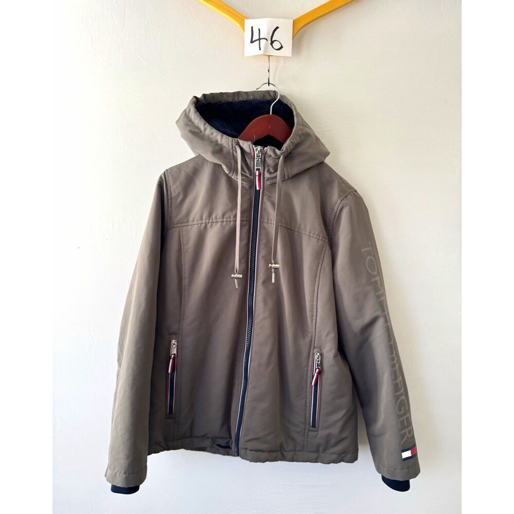 Tommy Hilfiger Mens Gray Hooded Full Zip Lined Jacket Logo Size M